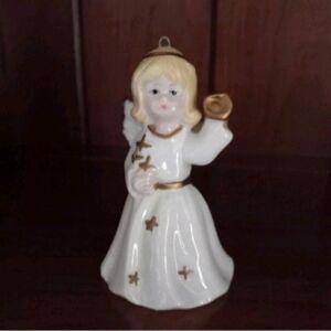 Contemporary Cream Gold Ceramic Angel Bell Holiday Christmas Ornament